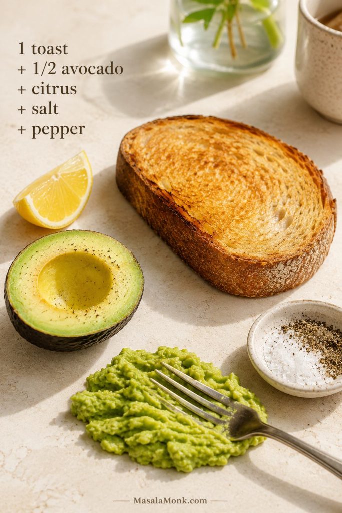 Avocado toast ratio guide with one toast, half an avocado, citrus, salt, pepper, and mashed avocado on a pale café surface.