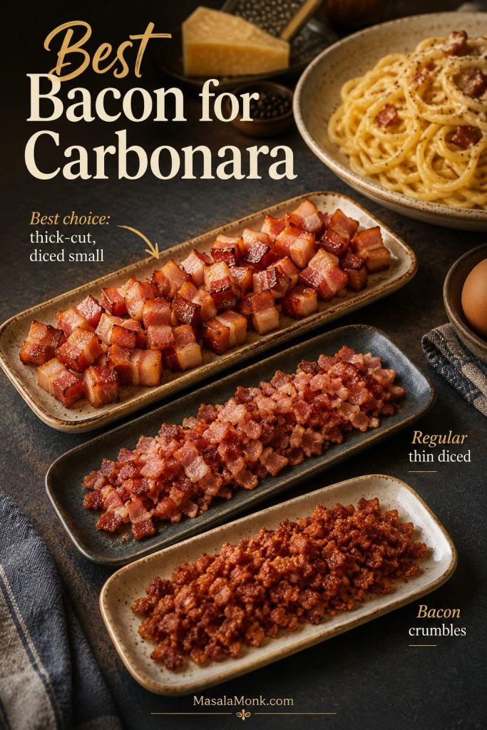 Comparison of thick-cut diced bacon, regular diced bacon, and bacon crumbles for carbonara.