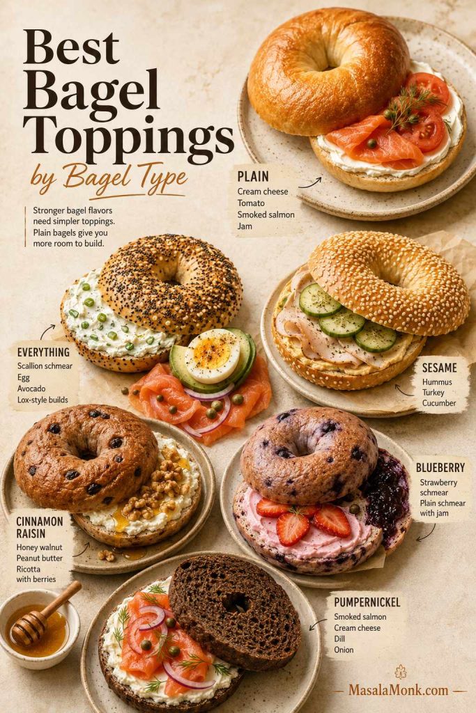 Bagel type pairing guide with plain, everything, sesame, cinnamon raisin, blueberry, and pumpernickel bagels with matching toppings.