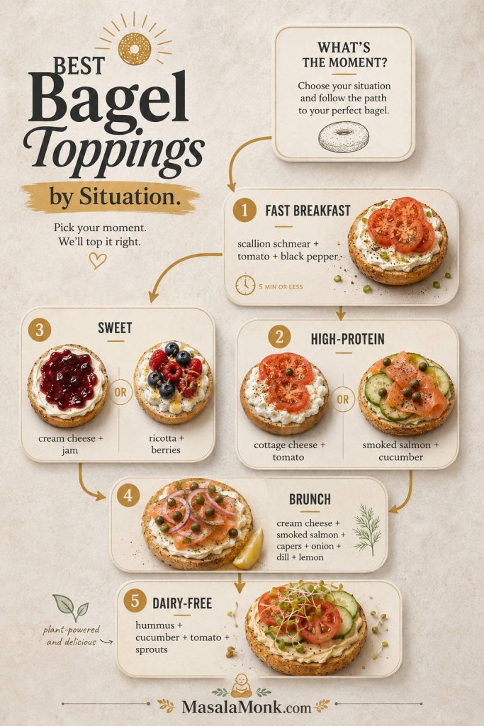 Bagel topping guide organized by situation, including fast breakfast, high-protein, sweet, brunch, and dairy-free options.