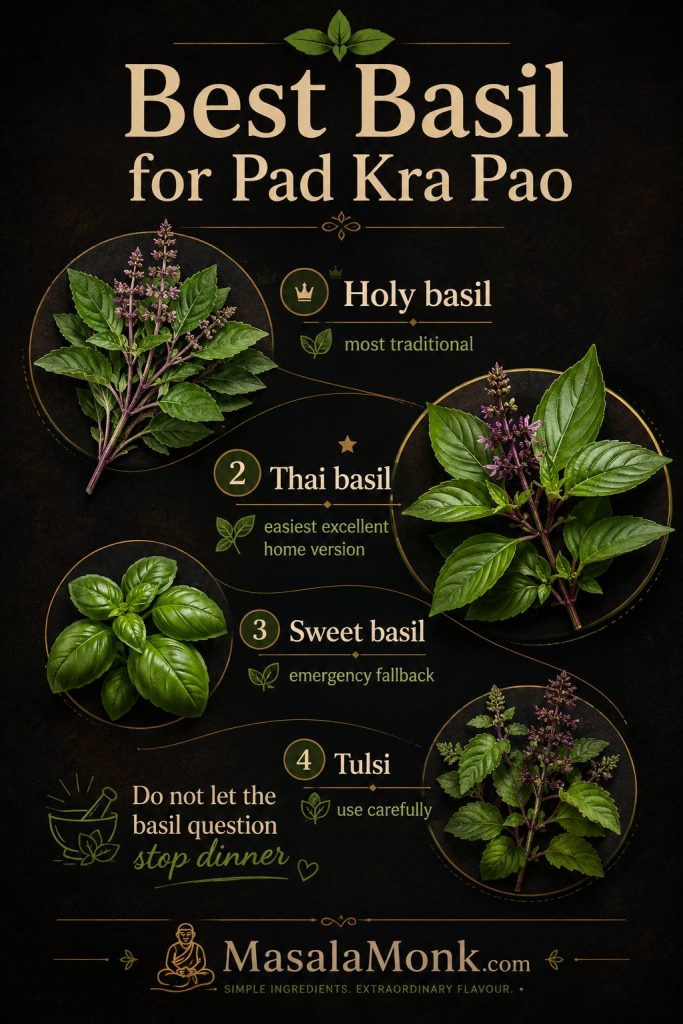 Decision board comparing holy basil, Thai basil, sweet basil, and tulsi for Pad Kra Pao.