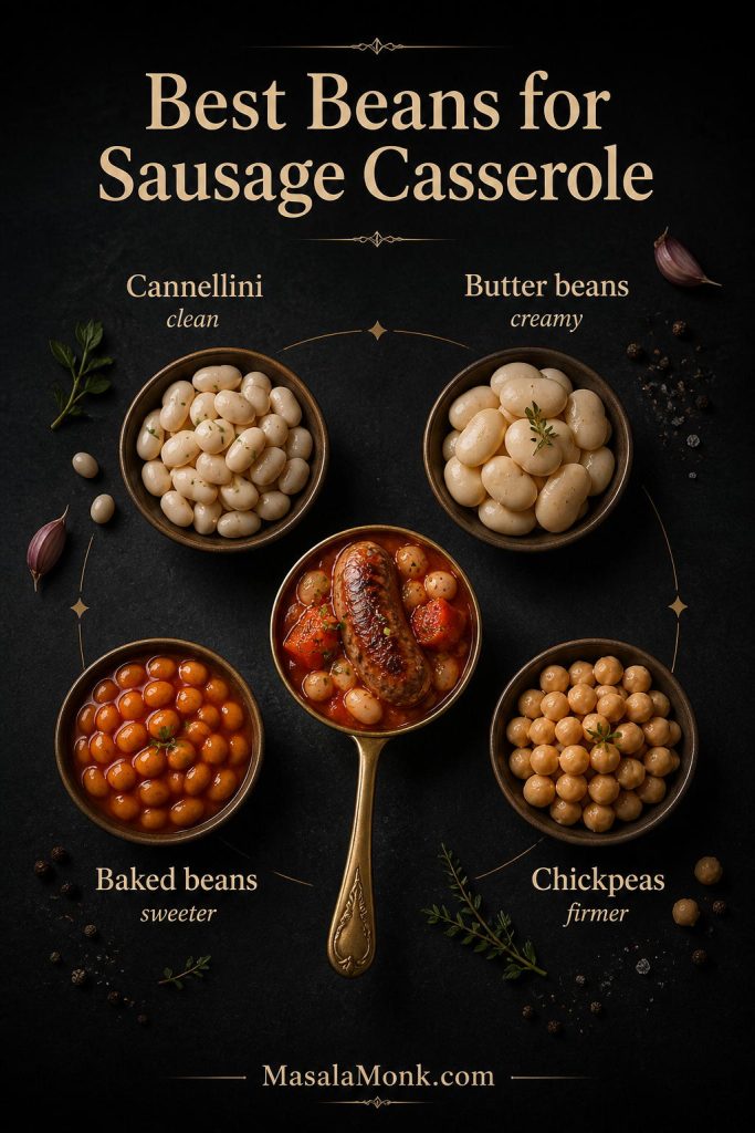 Bean options for sausage casserole including cannellini beans, butter beans, baked beans and chickpeas.