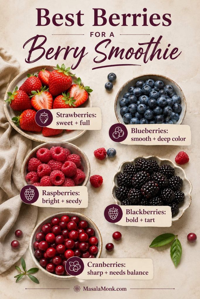 Berry chooser guide showing strawberries, blueberries, raspberries, blackberries, and cranberries with smoothie flavor notes.