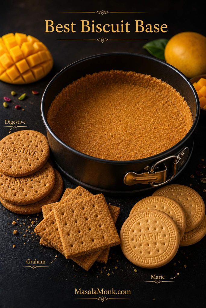 Graphic showing a pressed crumb crust in a springform pan with digestive biscuits, graham crackers, and Marie biscuits nearby.