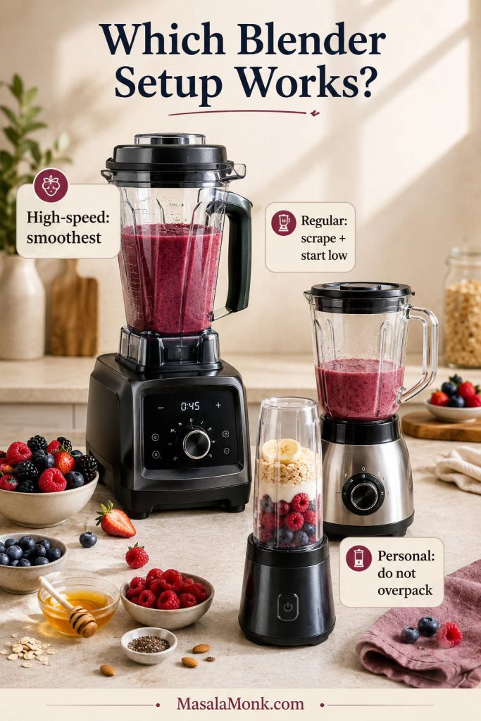 Blender setup guide showing high-speed, regular, and personal blenders for making berry smoothies.