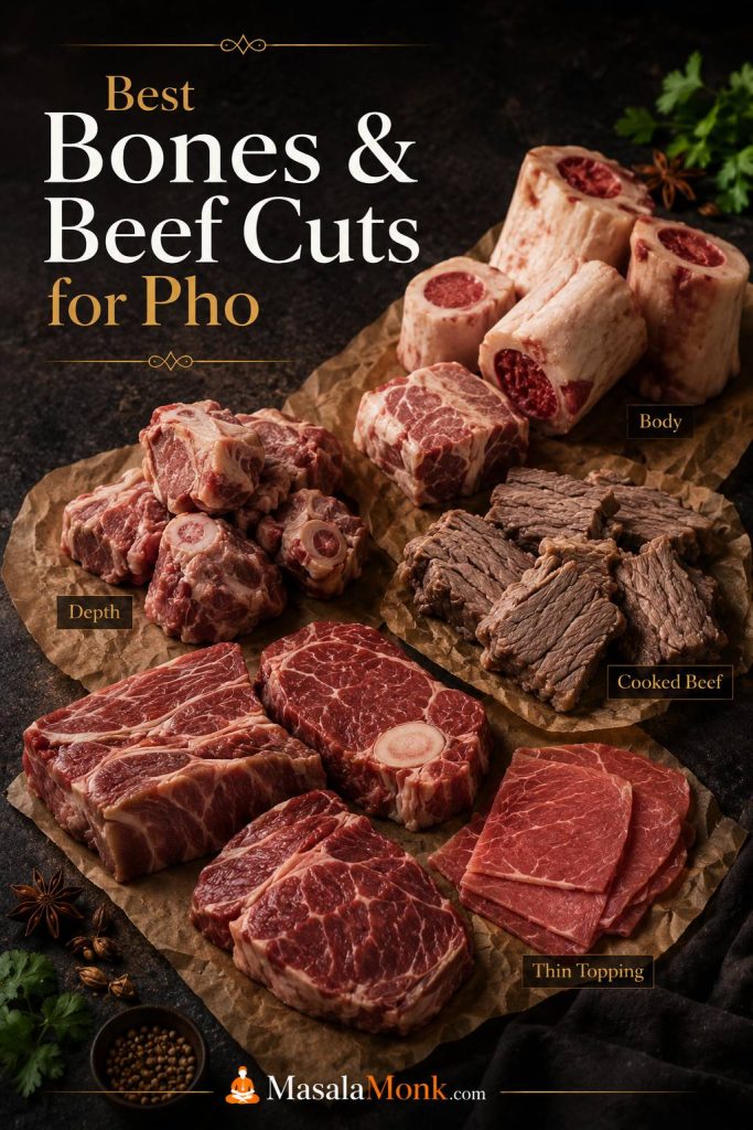 Beef bones and cuts for pho, including marrow bones, knuckle bones, brisket, chuck, shank, and thin sliced raw beef.