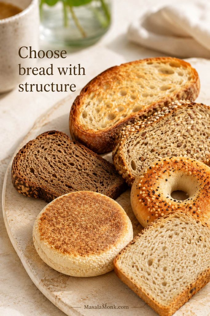 Toasted bread choices for avocado toast including sourdough, seeded bread, rye, bagel, English muffin, and gluten-free bread.