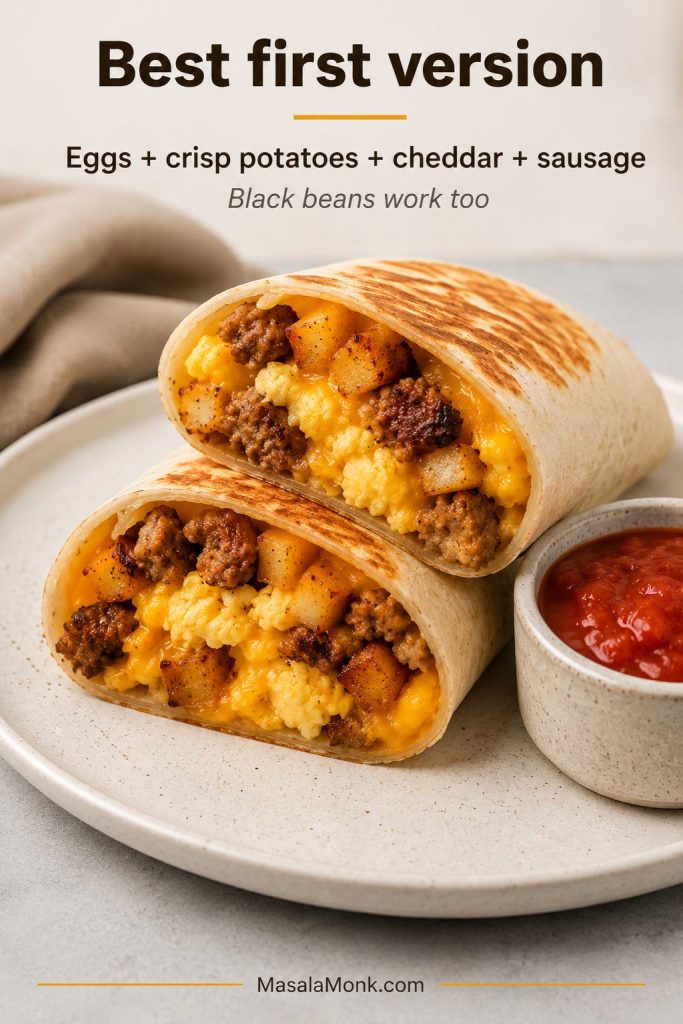 Breakfast burrito filled with eggs, crisp potatoes, cheddar, and sausage, served with salsa on the side