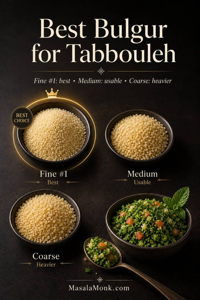 A bulgur comparison graphic showing fine, medium, and coarse bulgur, with fine bulgur marked as the best choice for tabbouleh.