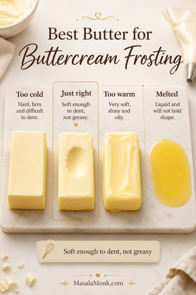 Comparison of butter states for buttercream frosting, showing too cold, just right, too warm, and melted butter.