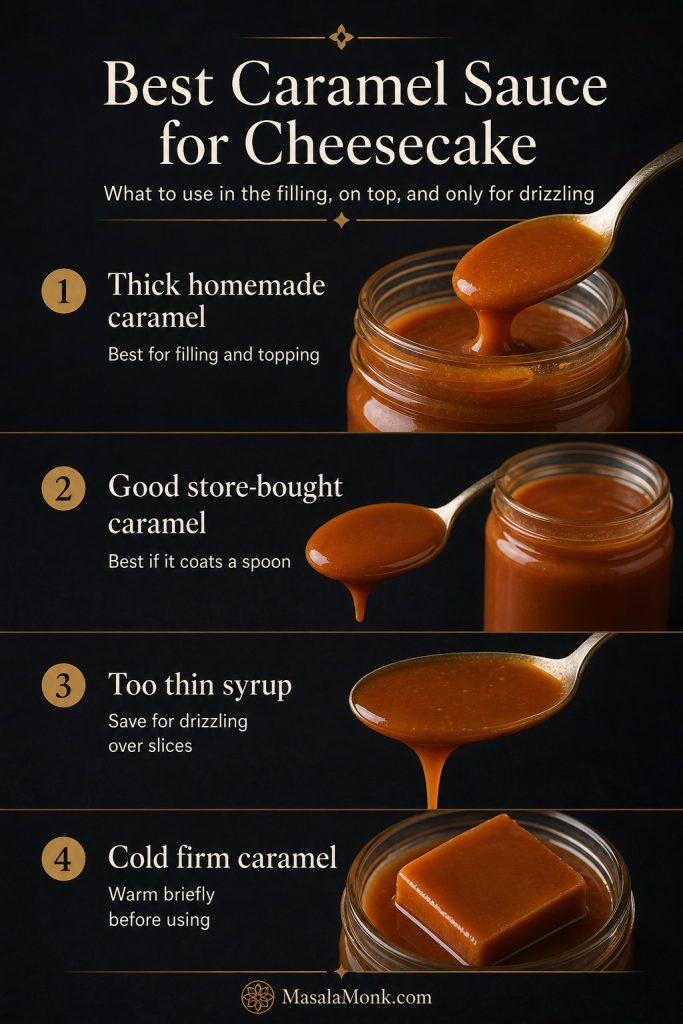 Best caramel sauce guide for cheesecake showing thick homemade caramel, good store-bought caramel, thin syrup, and cold firm caramel.