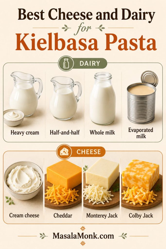 Dairy and cheese guide showing heavy cream, half-and-half, whole milk, evaporated milk, cream cheese, cheddar, Monterey Jack, and Colby Jack.