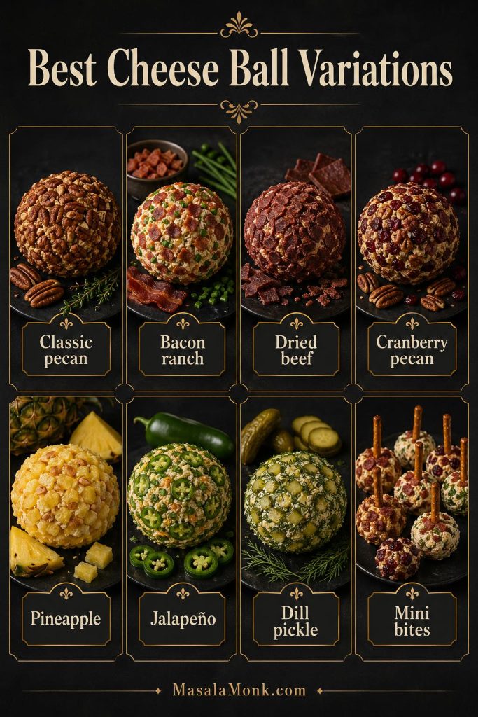 Variation guide showing eight cheese ball ideas: classic pecan, bacon ranch, dried beef, cranberry pecan, pineapple, jalapeño, dill pickle, and mini cheese ball bites with pretzel sticks.