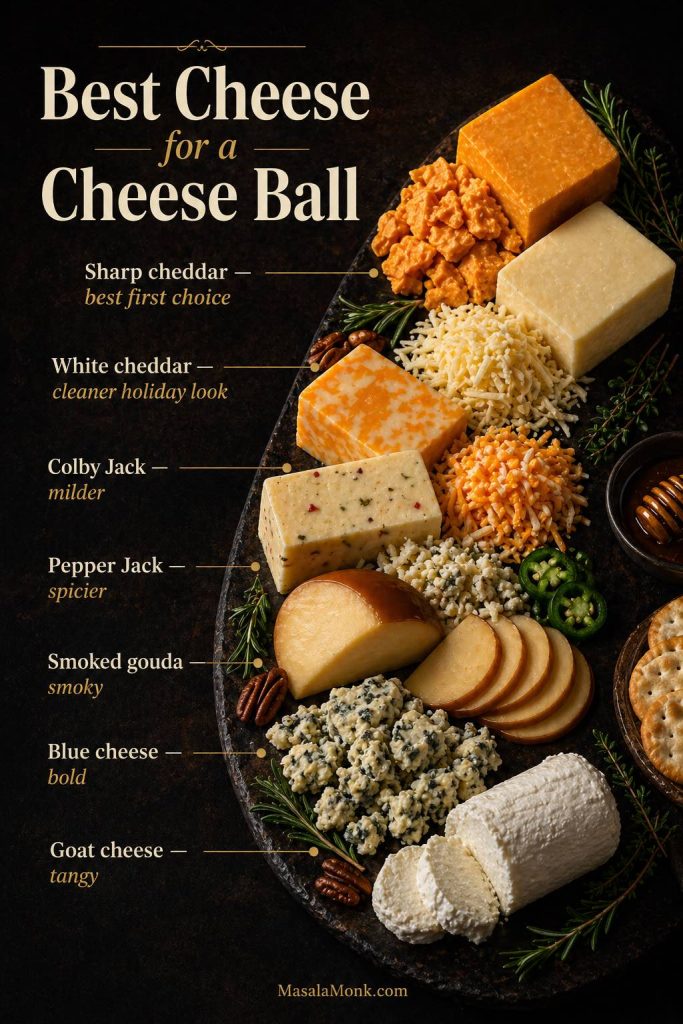 Chooser guide comparing cheeses for a cheese ball recipe, including sharp cheddar, white cheddar, Colby Jack, Pepper Jack, smoked gouda, blue cheese, and goat cheese, each labeled with its flavor style.