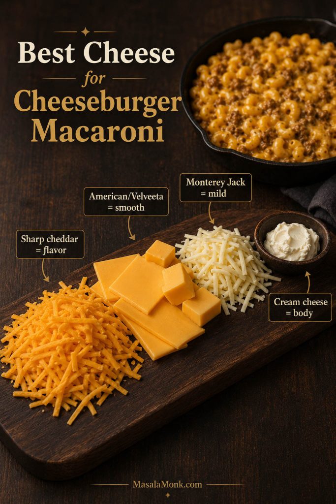 Cheese guide for cheeseburger macaroni with sharp cheddar, American cheese, Velveeta, Monterey Jack, cream cheese, and a skillet of pasta.