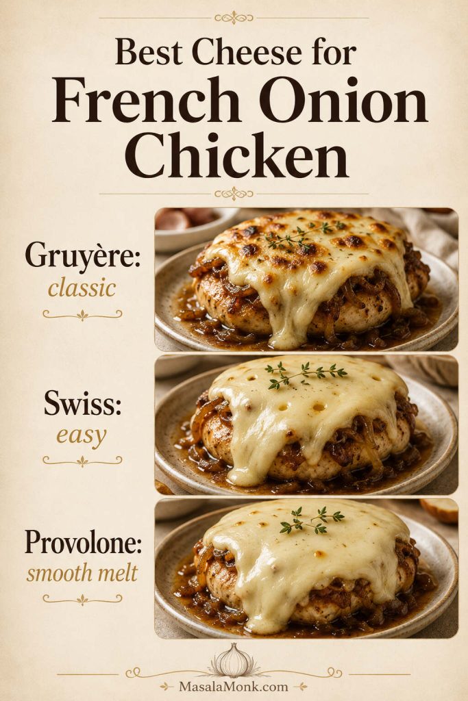 Best cheese for French onion chicken guide showing Gruyère, Swiss, and provolone melted over chicken.