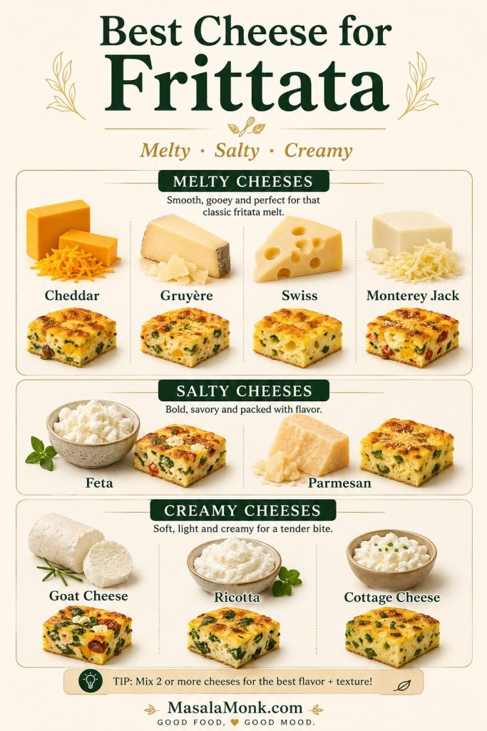 Cheese guide for frittata showing melty cheeses like cheddar, Gruyère, Swiss, and Monterey Jack; salty cheeses like feta and Parmesan; and creamy cheeses like goat cheese, ricotta, and cottage cheese.