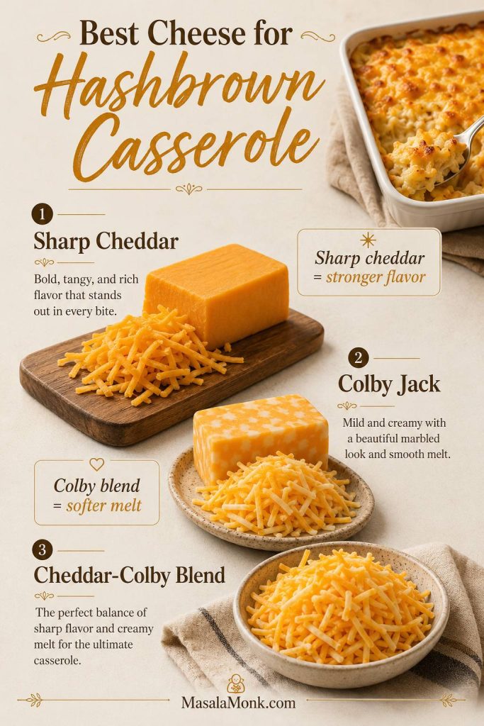 Cheese options for hashbrown casserole including sharp cheddar, Colby Jack, and a cheddar-Colby blend.