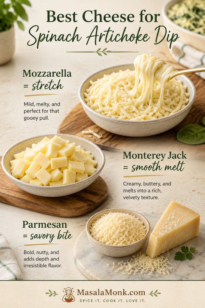 Cheese guide showing mozzarella, Monterey Jack, and Parmesan for spinach artichoke dip.