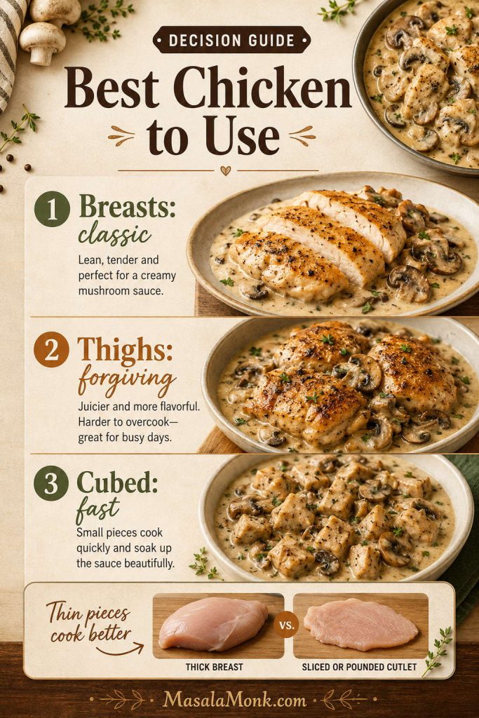 Chicken guide showing breasts, thighs, cubed chicken, and thinner cutlets for cream of mushroom chicken.