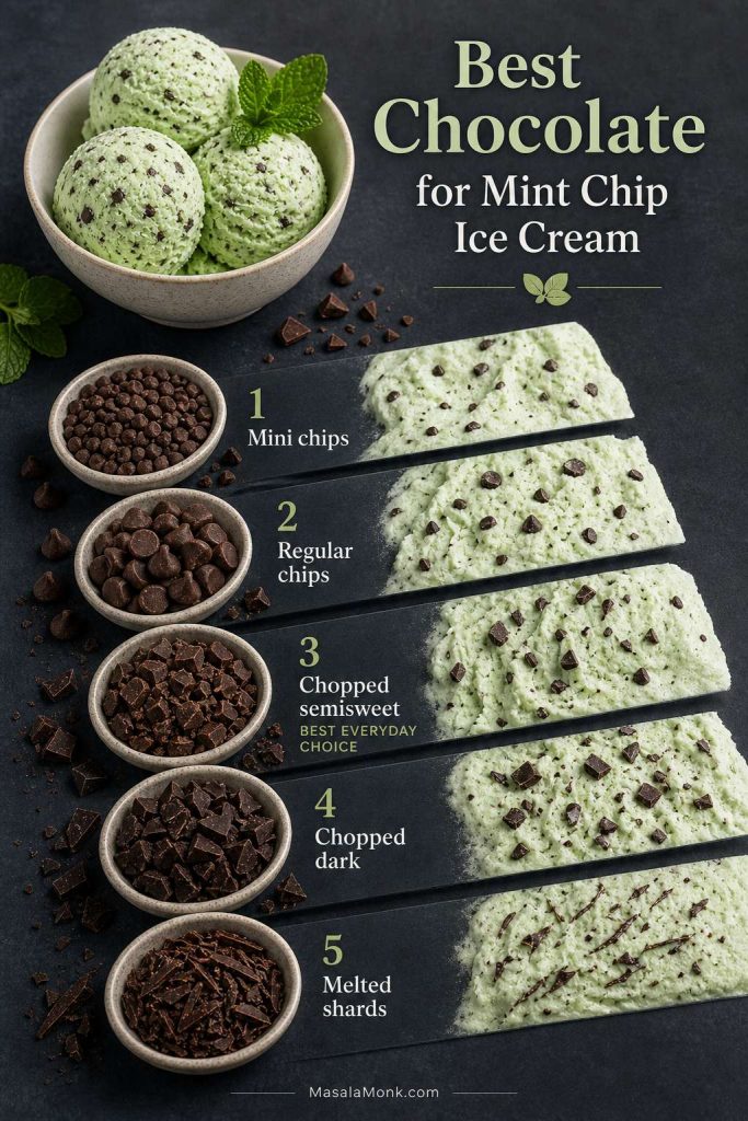 Comparison of mini chips, regular chocolate chips, chopped semisweet chocolate, chopped dark chocolate, and melted chocolate shards for mint chip ice cream.