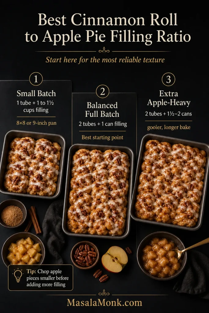 Ratio guide comparing small batch, balanced full batch, and extra apple-heavy apple cinnamon roll bake with apple pie filling.