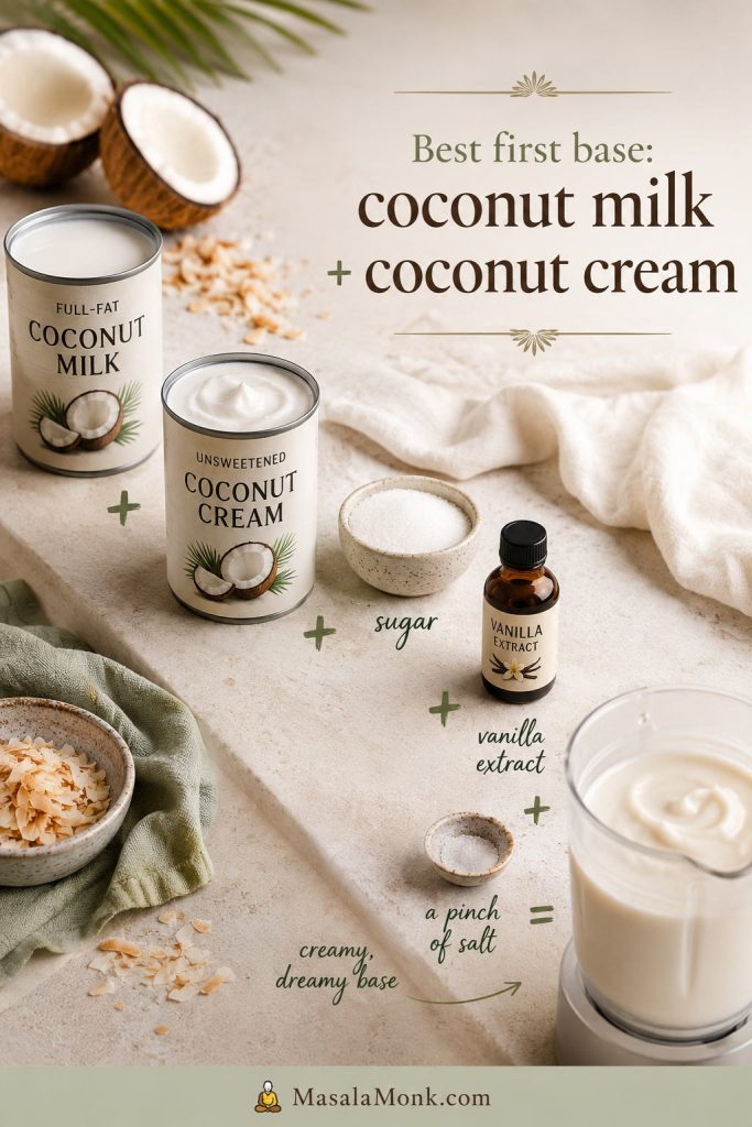 Coconut milk, coconut cream, sugar, vanilla, and salt arranged as the base ingredients for homemade coconut ice cream.