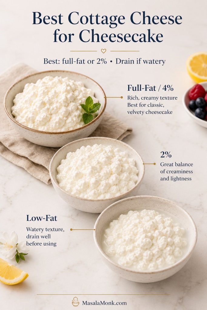 Cottage cheese comparison showing full-fat, two percent, and watery low-fat cottage cheese for cheesecake