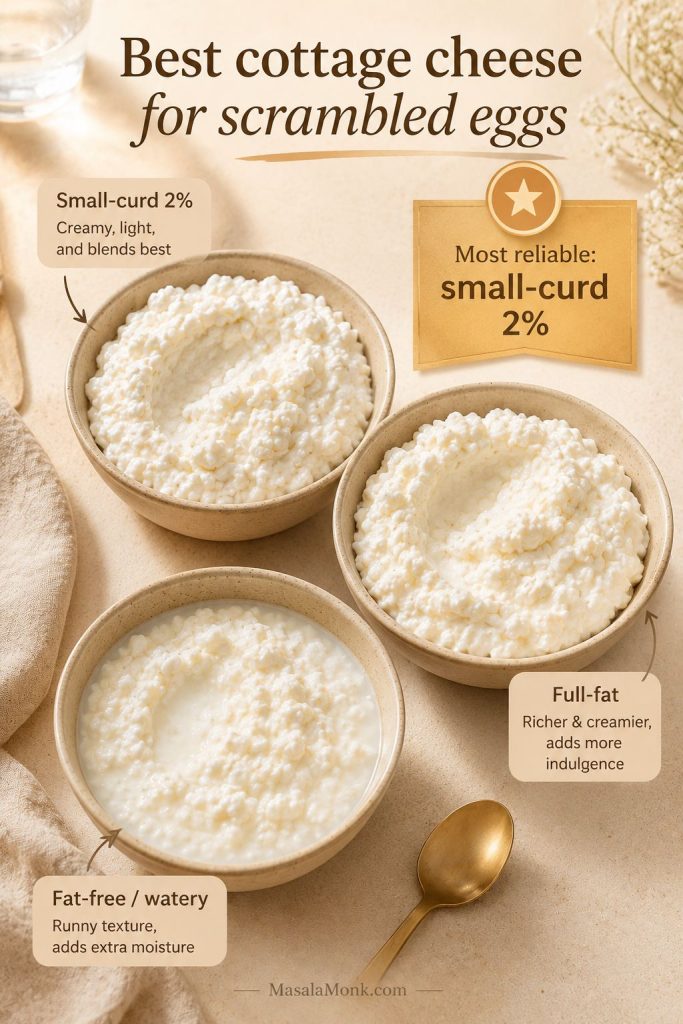 Three bowls comparing small-curd, full-fat, and watery fat-free cottage cheese for scrambled eggs.