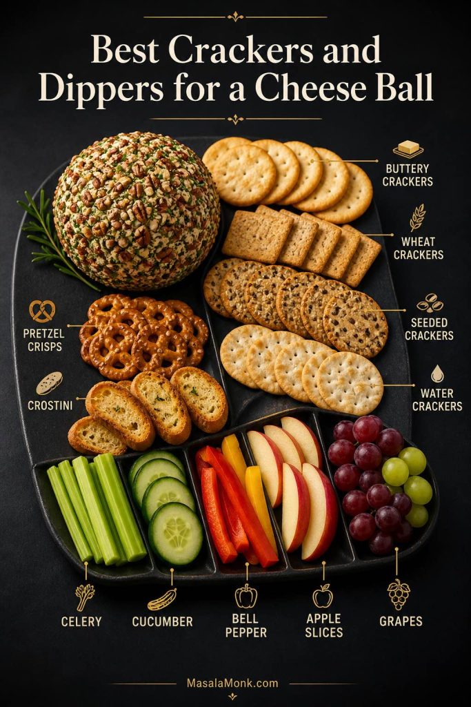Serving guide showing a cheese ball with buttery crackers, wheat crackers, seeded crackers, water crackers, pretzel crisps, crostini, celery, cucumber, bell pepper, apple slices, and grapes.