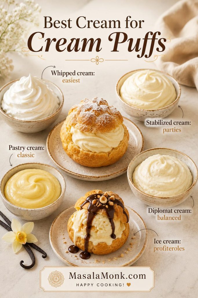 Filling chooser for cream puffs with whipped cream, stabilized cream, pastry cream, diplomat cream, and ice cream.