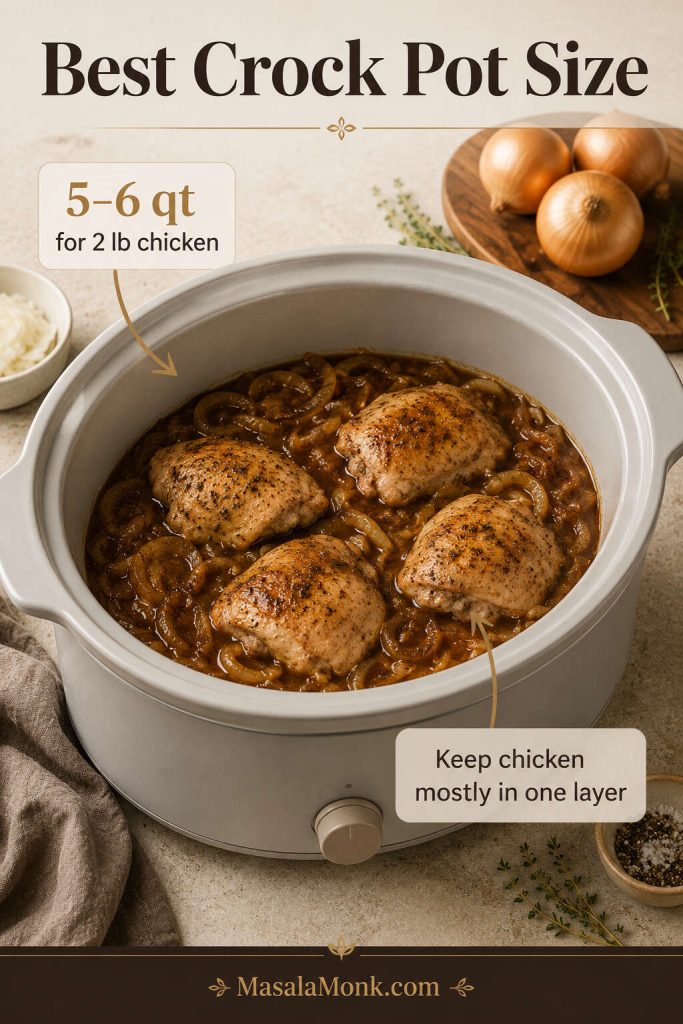 Best crock pot size guide showing chicken pieces arranged in one layer in a slow cooker with onions and sauce.