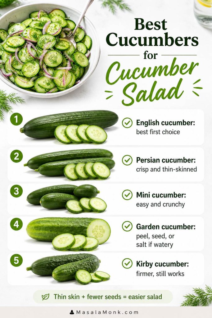 Guide comparing English, Persian, mini, garden, and Kirby cucumbers for cucumber salad.