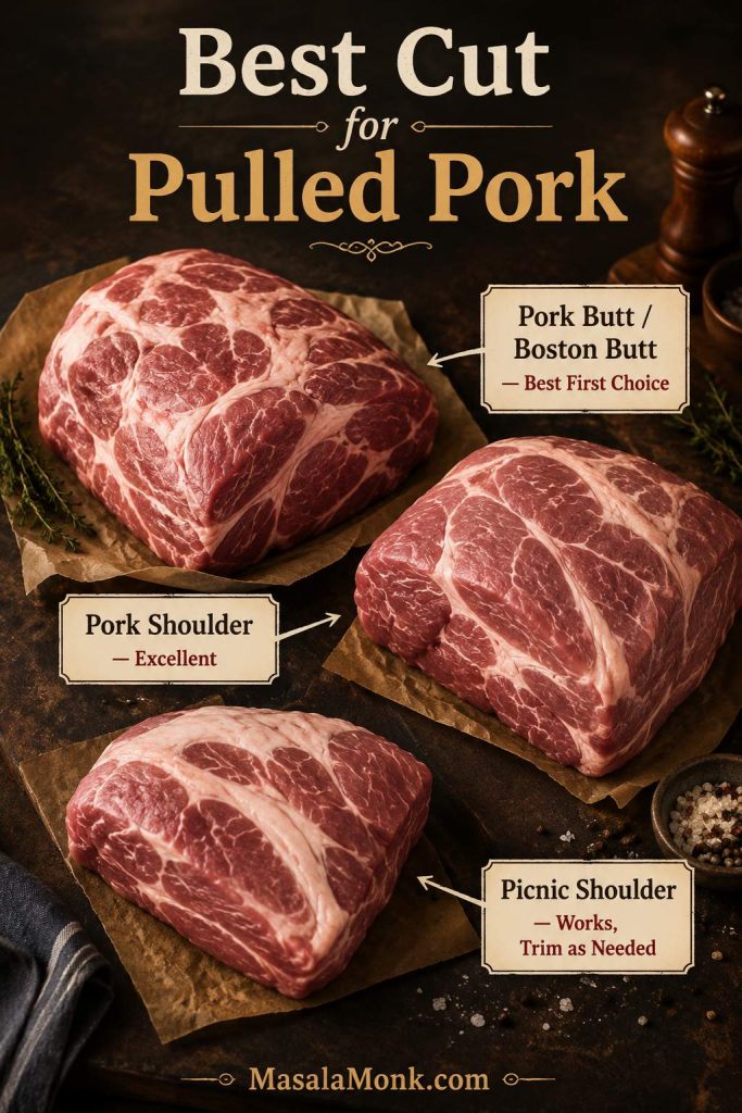 Butcher-style guide comparing pork butt, Boston butt, pork shoulder, and picnic shoulder as cuts for pulled pork.