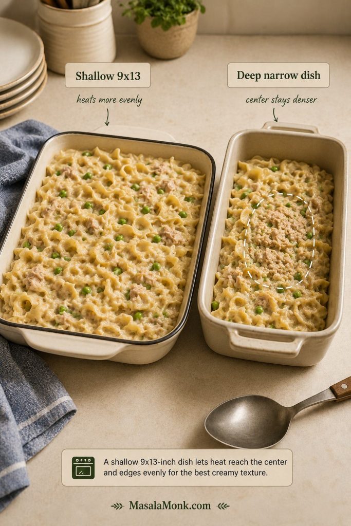 Shallow 9x13 baking dish compared with a deep narrow dish for tuna noodle casserole.