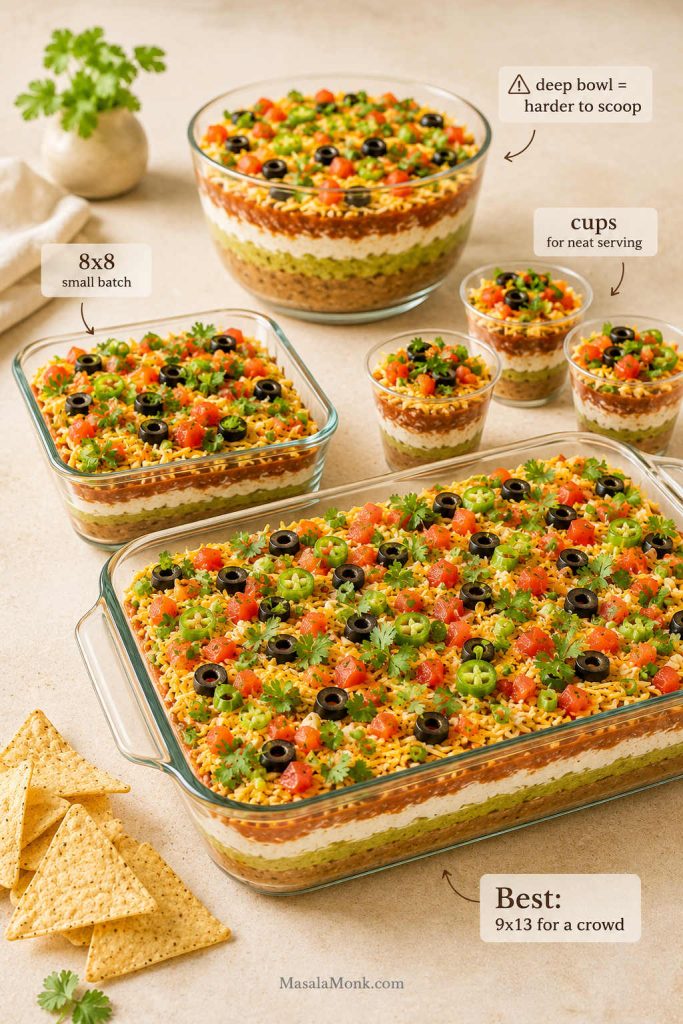 Comparison of 7 layer dip serving sizes with a 9x13 dish, 8x8 dish, individual cups, and a deep bowl labeled harder to scoop.
