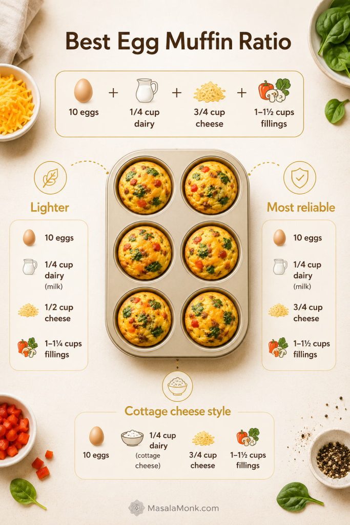 Best egg muffin ratio board showing lighter, most reliable, and cottage cheese batch styles with eggs, dairy, cheese, and fillings.