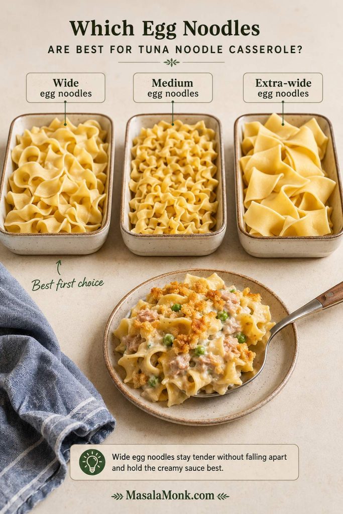 Wide, medium, and extra-wide egg noodles compared for tuna noodle casserole, with wide egg noodles marked as the best first choice.
