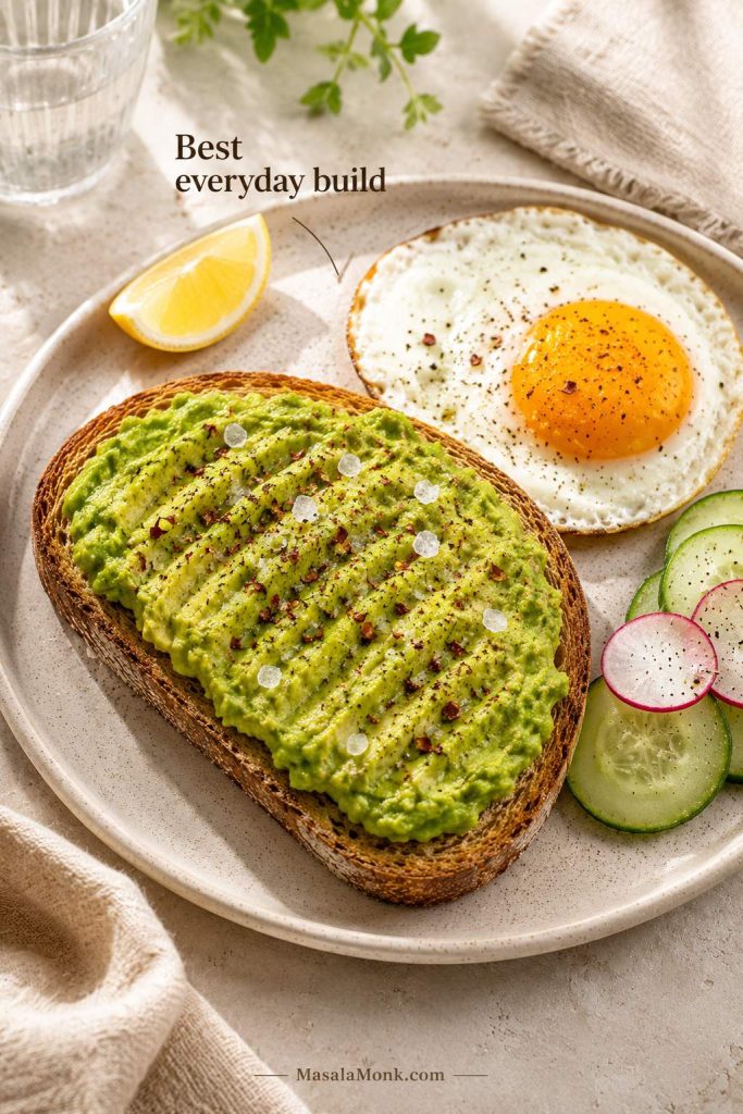 Everyday avocado toast build with seasoned avocado, chili flakes, lemon, fried egg, cucumber, and radish as topping options.