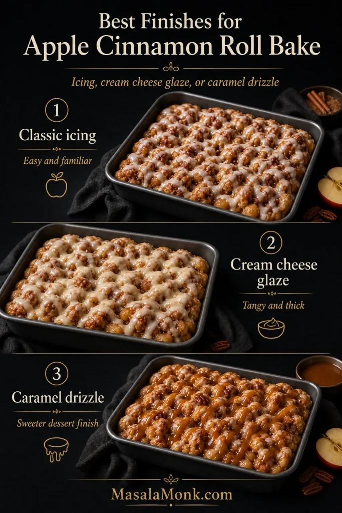 Three finish options for apple cinnamon roll bake: classic icing, cream cheese glaze, and caramel drizzle.