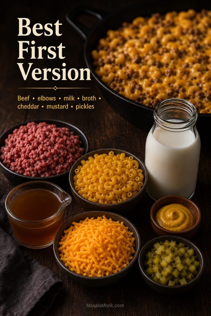 Ingredients for the best first version of cheeseburger macaroni, including ground beef, elbow pasta, milk, broth, cheddar, mustard, and pickles.