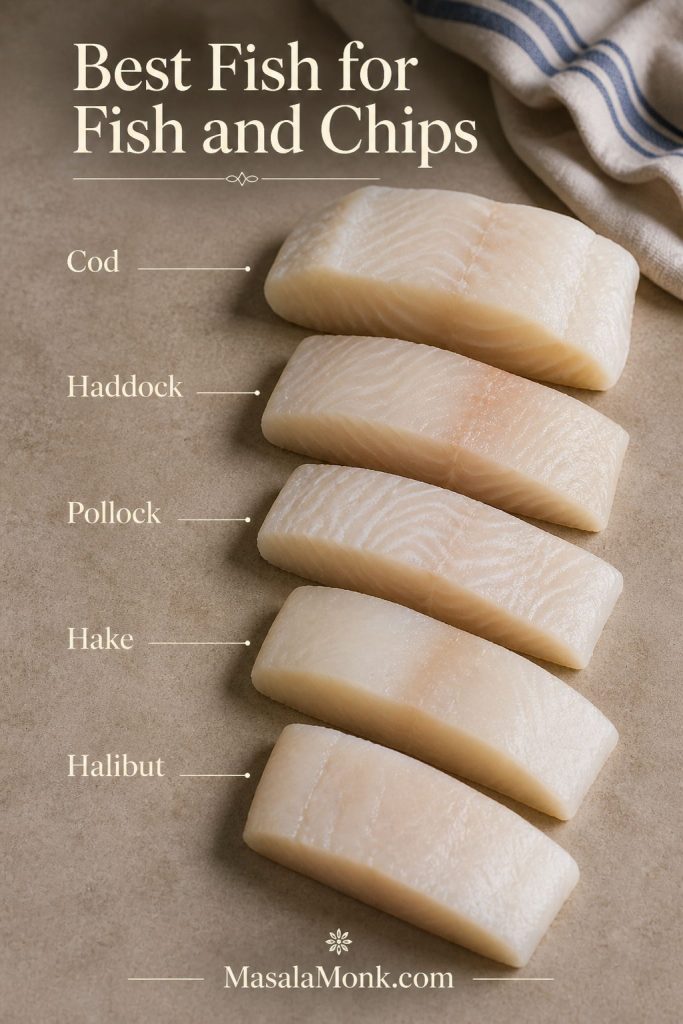 Comparison of white fish portions labeled cod, haddock, pollock, hake, and halibut for fish and chips.