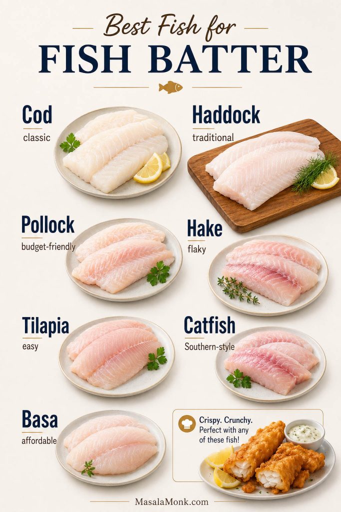 Best fish for fish batter board showing cod, haddock, pollock, hake, tilapia, catfish, and basa with a small fried fish cue