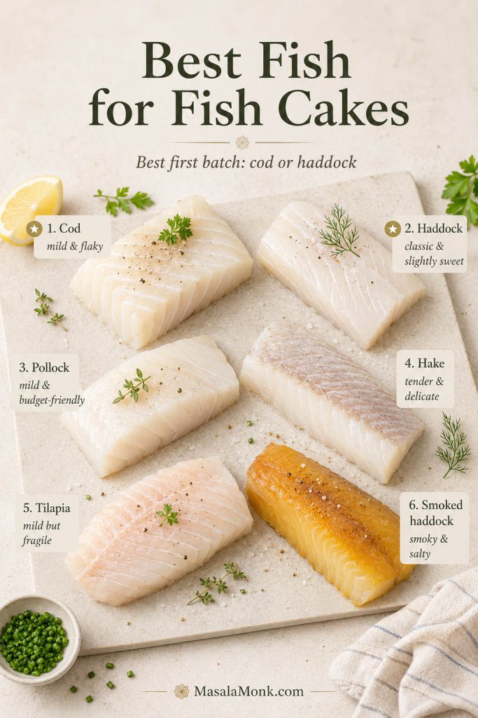 Fish choice board showing cod, haddock, pollock, hake, tilapia, and smoked haddock as options for homemade fish cakes