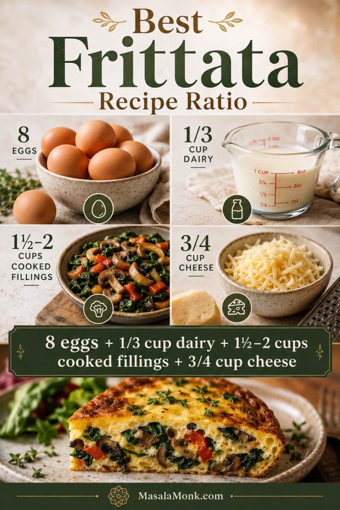 Frittata ratio board showing eggs, dairy, cooked fillings, cheese, and the formula 8 eggs, 1/3 cup dairy, 1 1/2 to 2 cups fillings, and 3/4 cup cheese.