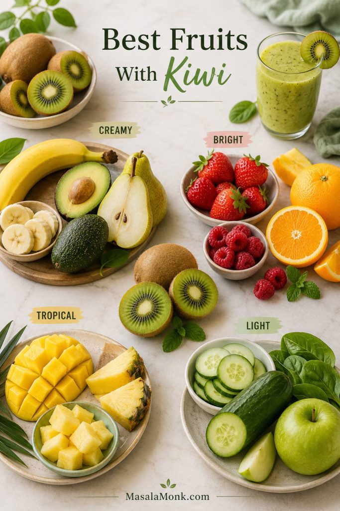 Fruit pairing guide for kiwi smoothies with banana, avocado, pear, berries, orange, mango, pineapple, cucumber, spinach, and apple