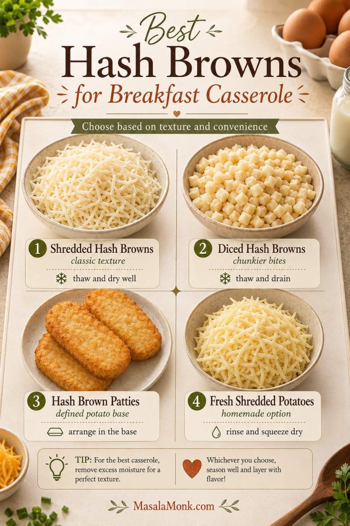 Comparison of shredded hash browns, diced hash browns, hash brown patties, and fresh shredded potatoes for breakfast casserole.