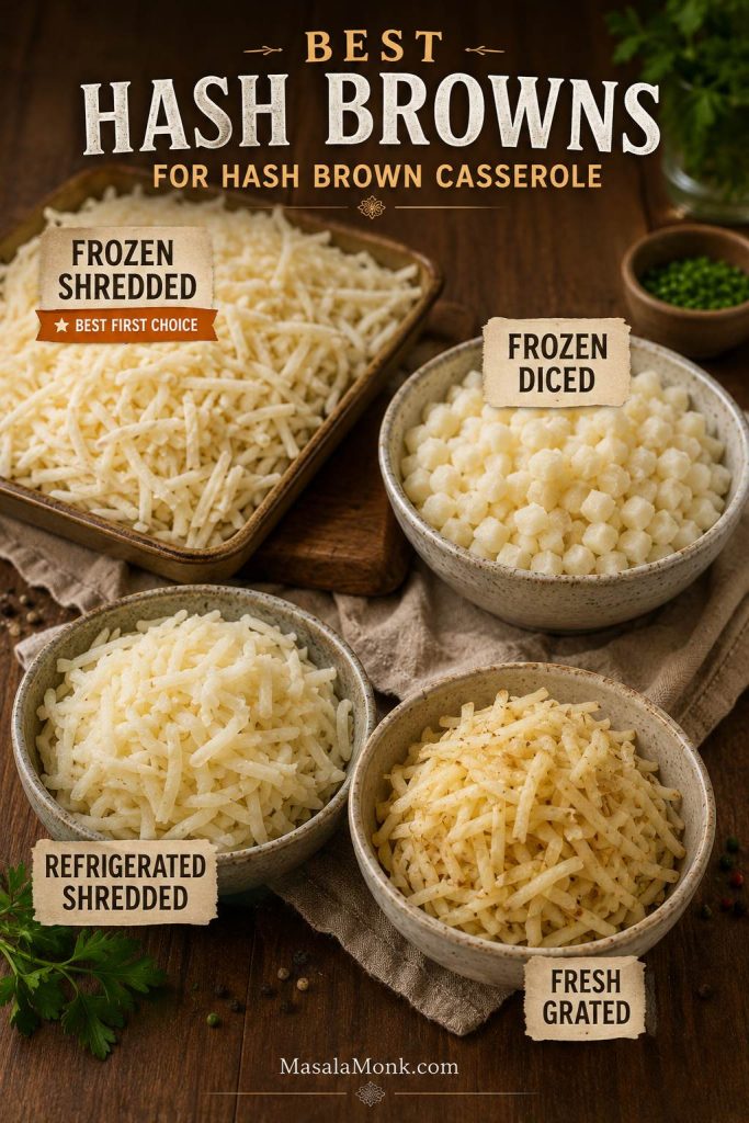 Four hash brown options for hash brown casserole: frozen shredded, frozen diced, refrigerated shredded, and fresh grated potatoes.