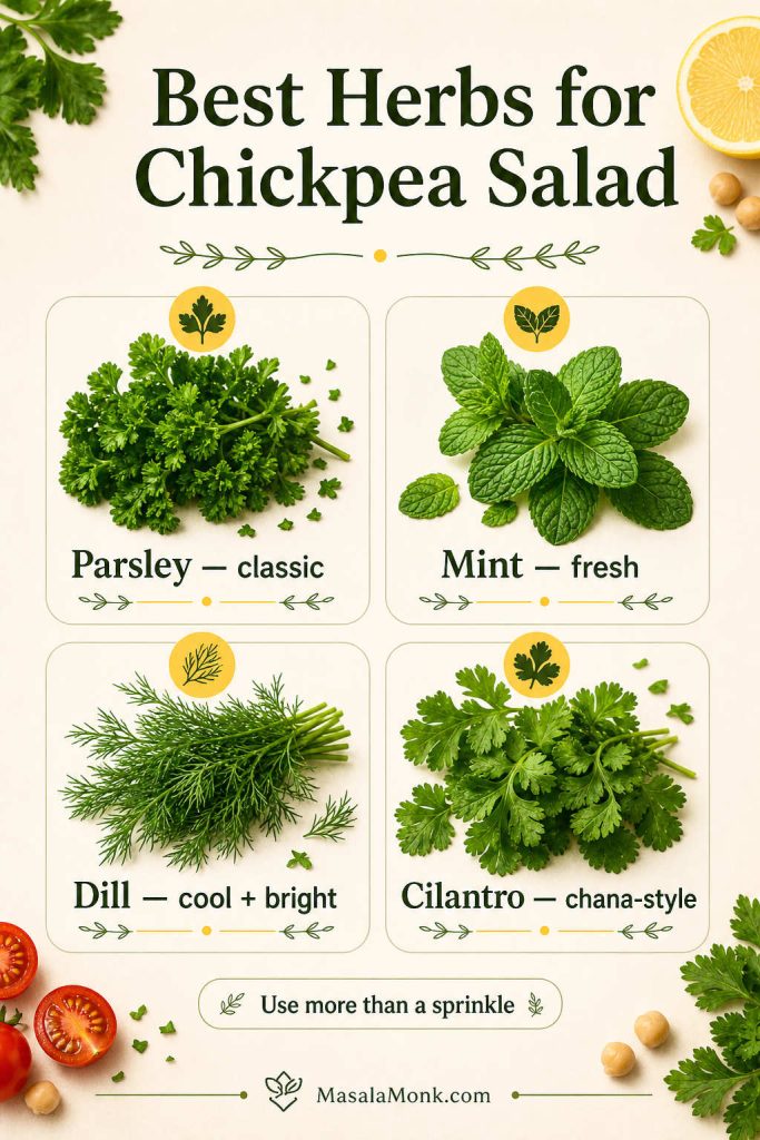 Herb comparison board for chickpea salad showing parsley, mint, dill, and cilantro with flavor notes.