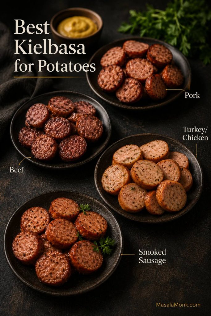 Four types of sliced sausage labeled pork, beef, turkey or chicken, and smoked sausage for kielbasa and potatoes.